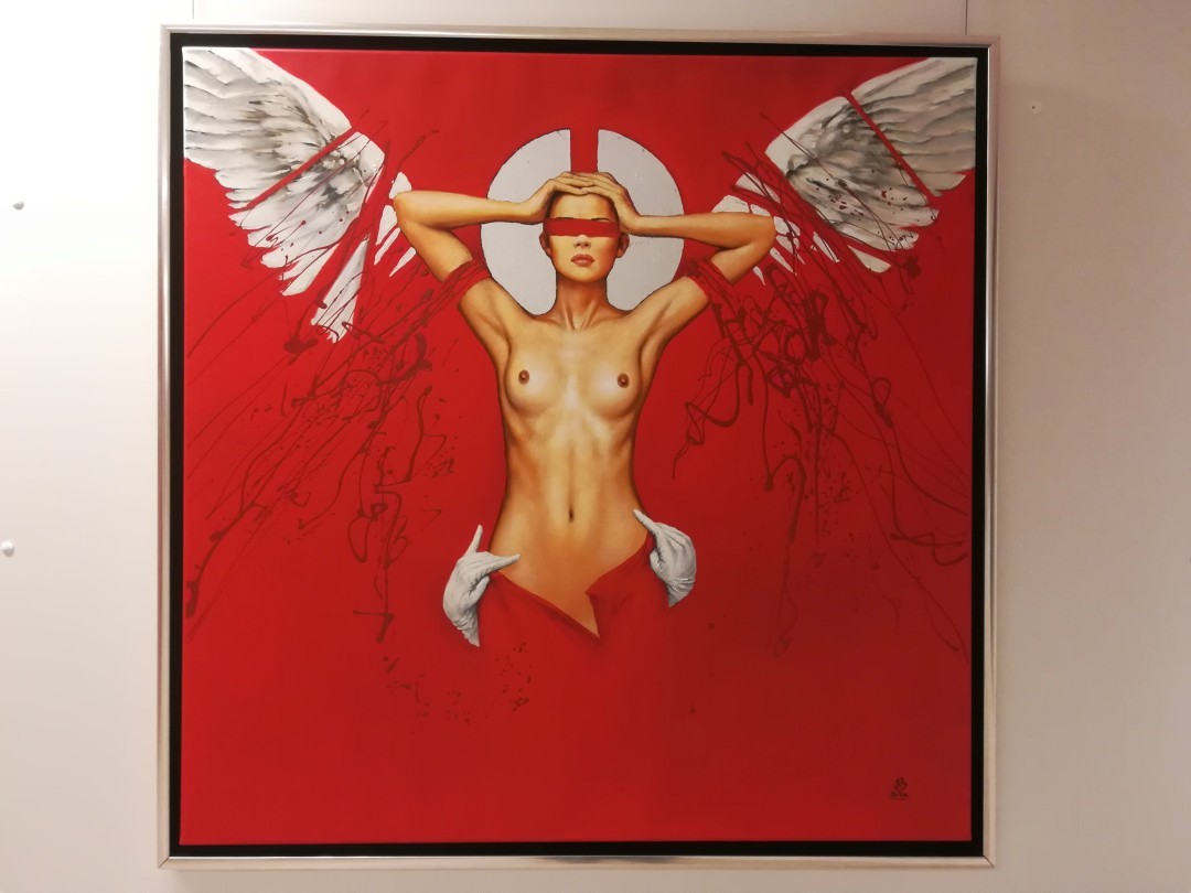 Karol Bąk (Polska) Angel in Red, 100x100 cm, olej na płótnie