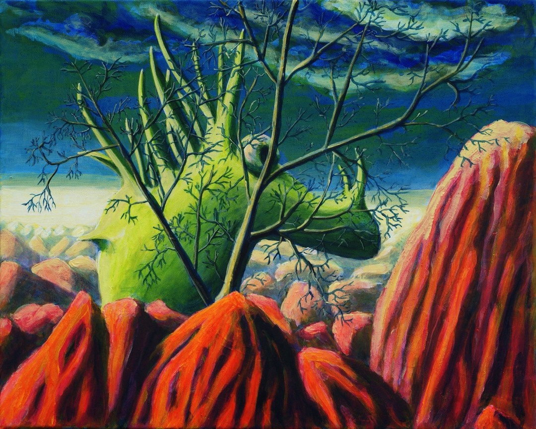 Purpurowe wzgórza i ich zielony duch - akryl na płótnie, 40x50 cm, 2019