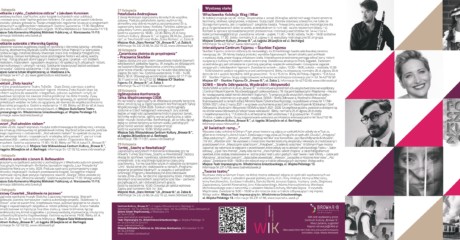 Awers listopadowego Włocławskiego Informatora Kulturalnego (WIK 2026). W lewej i środkowej kolumnie znajduje się szczegółowy, kolumnowy układ programowy wydarzeń od dwudziestego do dwudziestego dziewiątego listopada, obejmujący m.in. wystawy, spotkania autorskie, spektakle i koncerty, a także zestawienie wystaw stałych oraz stopkę redakcyjną z kodem QR. Prawa strona stanowi okładkę wydania z ciemnobordowym tłem, różowo-beżowym napisem „WIK listopad 2026” oraz geometrycznym kolażem czarno-białych fotografii i portretów.